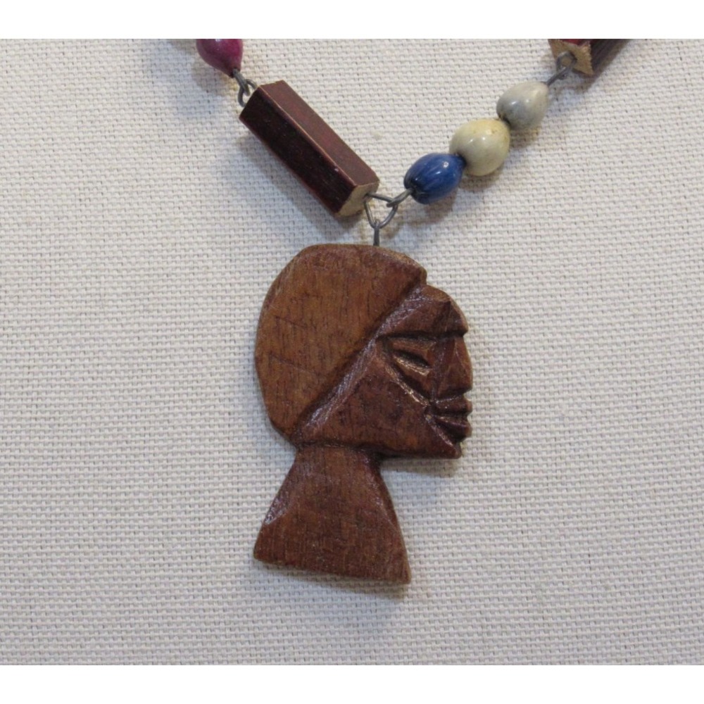 Vintage‎ Hand Carved Wood Face Pendant Necklace Multi Color Beads Boho Folk Art
